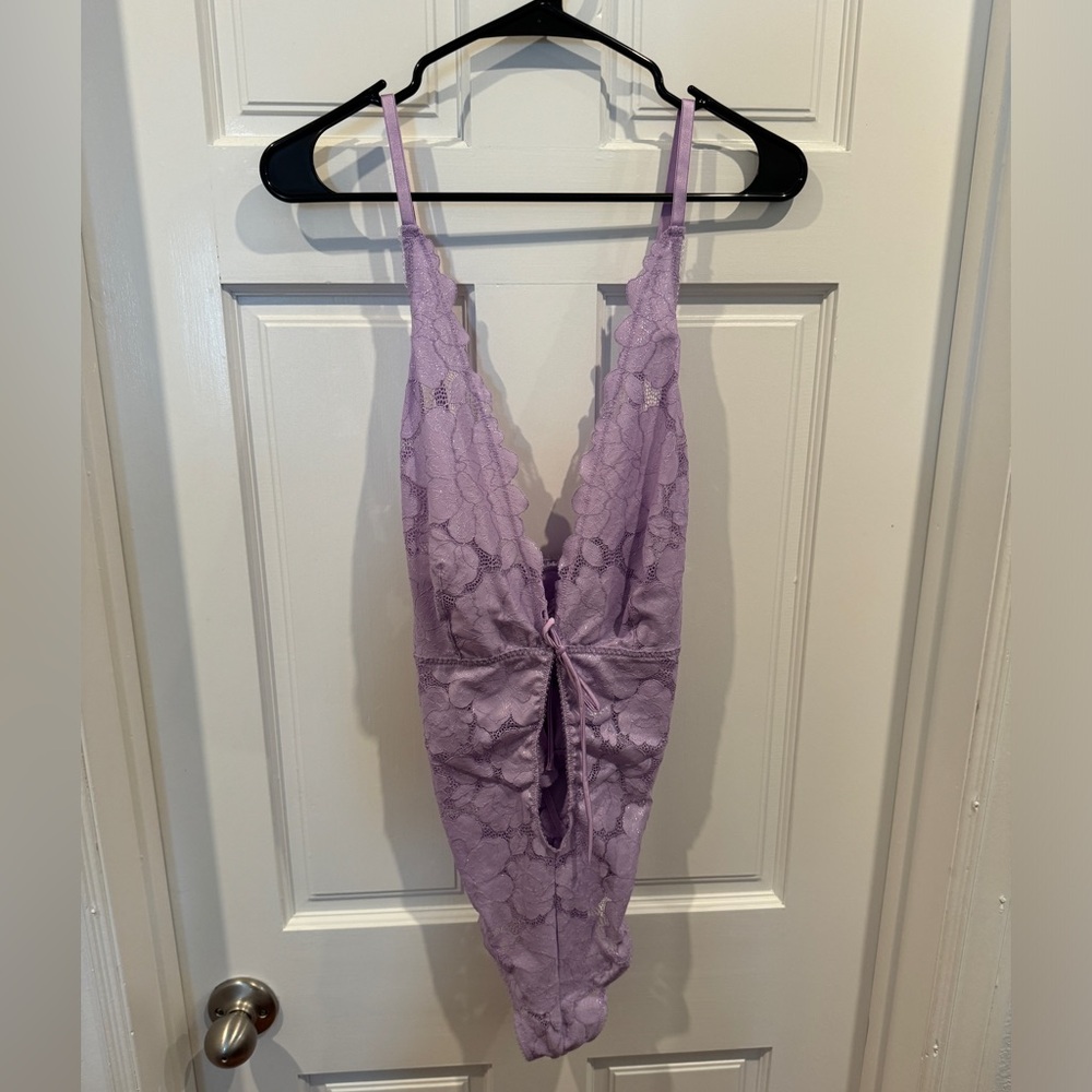 Savage X Fenty Lavender Lace Thong Teddy with Strappy Back and Keyhole Front